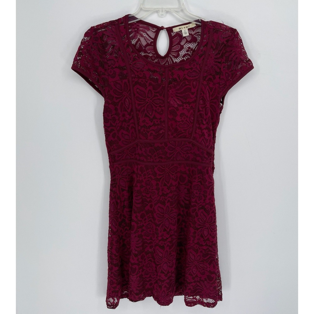 Miami Women's Burgundy Floral Lace Short Sleeve Fit & Flare Mini Dress Size L